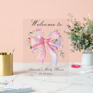 Señal Acrílica Bienvenida a la fiesta de bebé niña con lazo flora
