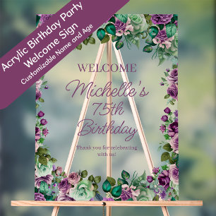 Señal Acrílica Bienvenida a la fiesta de cumpleaños floral verde 