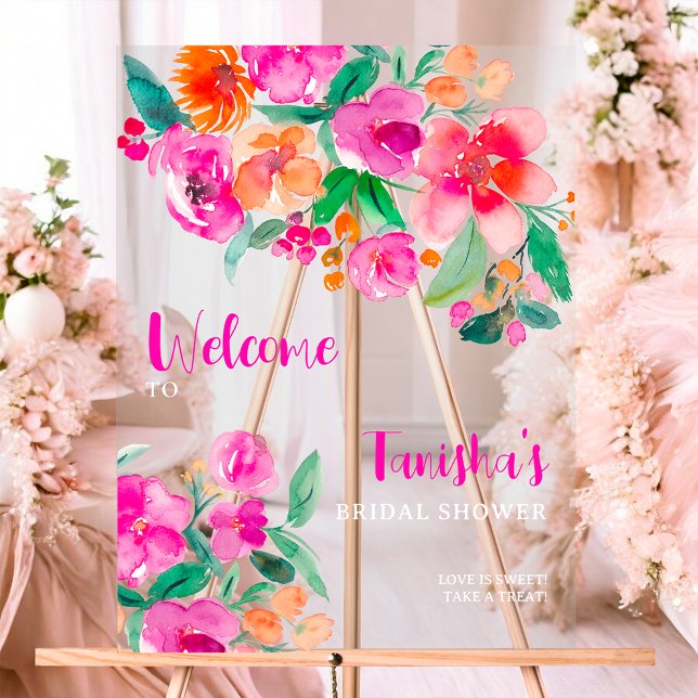 Señal Acrílica Bienvenida a la fiesta de despedida de soltera con (Bright pink floral script bridal shower welcome acrylic sign)