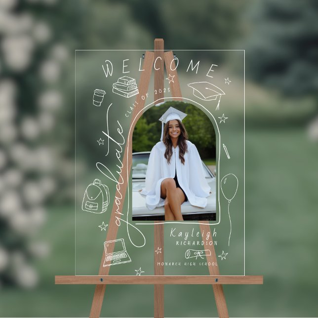 Señal Acrílica Bienvenida a la graduación de fotos con mano de re (Shown on a 12" x 18" acrylic sign
)