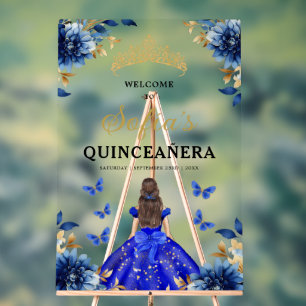 Señal Acrílica Bienvenida a la princesa real de oro azul Quinceañ