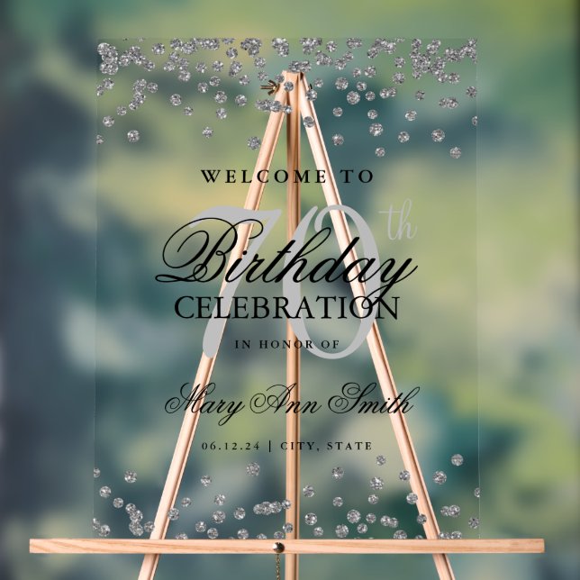 Señal Acrílica Bienvenida a los 70 Años de Silver Confetti Purpur (Neutral )