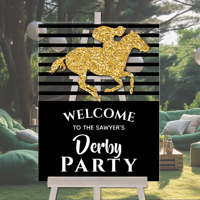 Señal Acrílica Bienvenida a los caballos de carreras de oro Black (Gold racehorse on black stripes derby party acrylic welcome sign)