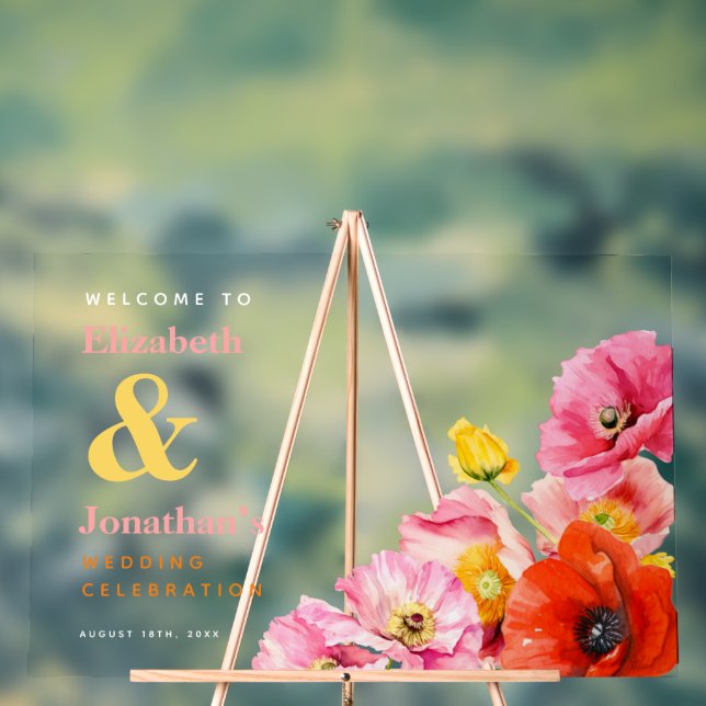 Señal Acrílica Bienvenida a los Poppies Amarillos Naranja Rosa Mo (Neutral )