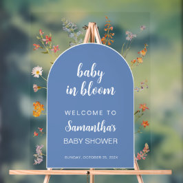 Señal Acrílica Bienvenida a niño con ducha en flores salvajes azu