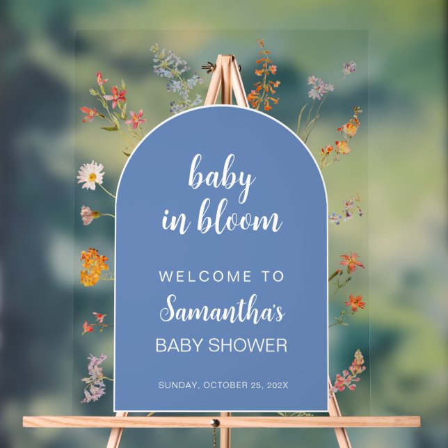 Señal Acrílica Bienvenida a niño con ducha en flores salvajes azu (Neutral )