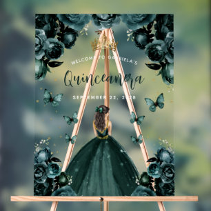 Señal Acrílica Bienvenida a Quinceañera de Floral Verde Esmeralda
