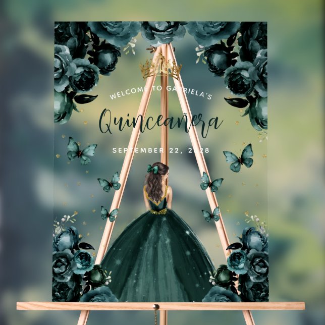 Señal Acrílica Bienvenida a Quinceañera de Floral Verde Esmeralda (Neutral )