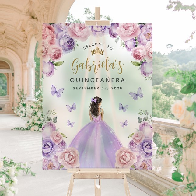 Señal Acrílica Bienvenida a Quinceañera Purple Rubor Gold Floral (Subido por el creador)