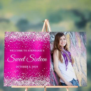 Señal Acrílica Bienvenida a Sweet Sixteen con brillo plateado y f