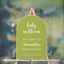 Señal Acrílica Bienvenida a un bebé verde en una ducha de flores 