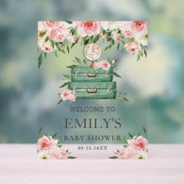 Señal Acrílica Bienvenida al Baby Shower Aventura Floral Rosa