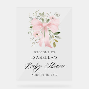 Señal Acrílica Bienvenida al baby shower floral con lazo rosa