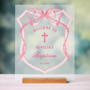 Señal Acrílica Bienvenida al bautismo Escudo Bow Rosado