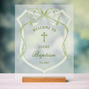 Señal Acrílica Bienvenida al bautismo Escudo Sage Green Bow