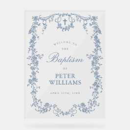 Señal Acrílica Bienvenida al Bautismo Floral Azul Vintage