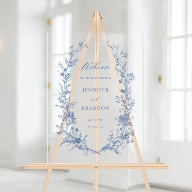 Señal Acrílica Bienvenida al Boda Classic Toile Blue Floral (Subido por el creador)
