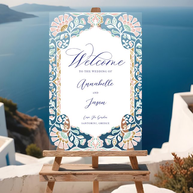 Señal Acrílica Bienvenida al Boda del marco floral azul de Grecia (Greece Blue Floral Ornate Frame Wedding Welcome Acrylic Sign
)