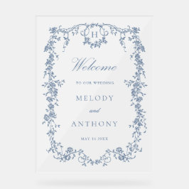 Señal Acrílica Bienvenida al Boda Floral Azul Clásico