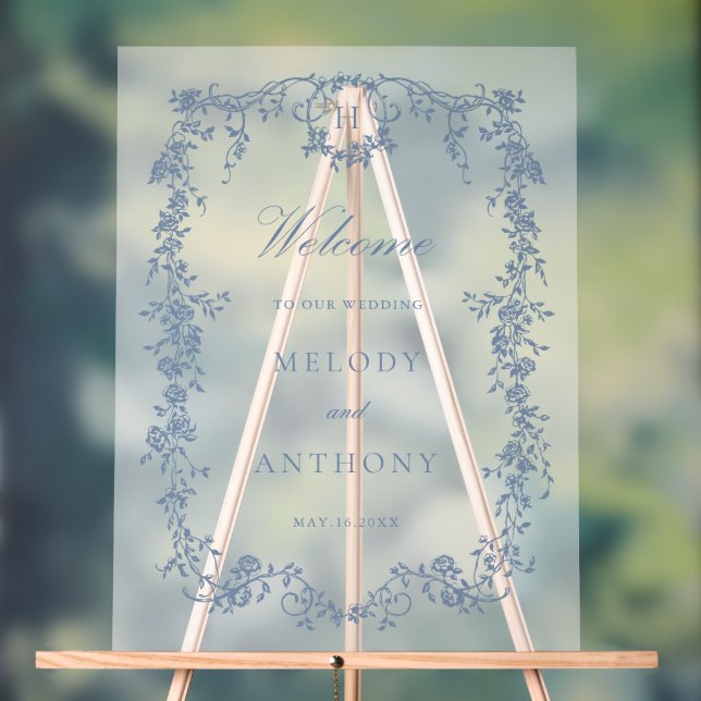 Señal Acrílica Bienvenida al Boda Floral Azul Clásico (Neutral )