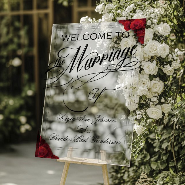 Señal Acrílica Bienvenida al Boda floral de las rosas rojas clási (Red Roses Acrylic Wedding sign with script)