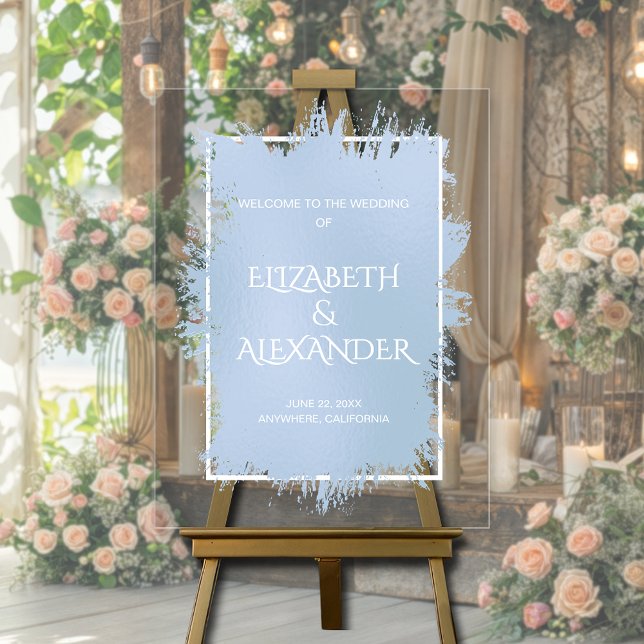 Señal Acrílica Bienvenida al Boda moda Blue Splash (Chic dusty blue splash wedding welcome acrylic sign)