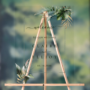 Señal Acrílica Bienvenida al Boda Verde Foliage Tropical