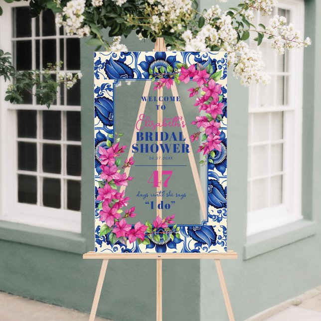 Señal Acrílica Bienvenida al Chorro de Novia con Baldosas Azules  (Pink Bougainvillea Blue Tile Bridal Shower Welcome Acrylic Sign)