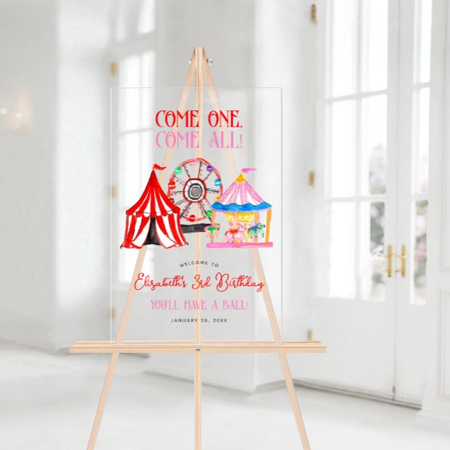 Señal Acrílica Bienvenida al cumpleaños del circo de carnaval con (Cute Hand Drawn Carnival Circus Birthday Welcome Acrylic Sign)