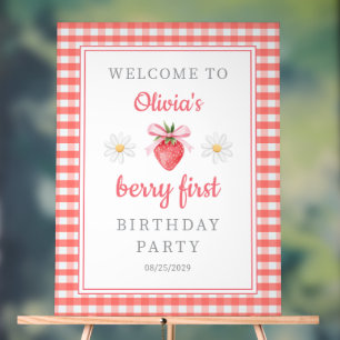 Señal Acrílica Bienvenida al primer cumpleaños de Fresa Linda