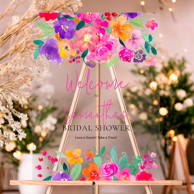 Señal Acrílica Bienvenida audaz al shower nupcial con flores de a (Bold pink floral watercolor bridal shower welcome acrylic sign)