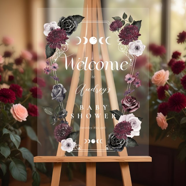 Señal Acrílica Bienvenida Baby Shower de Halloween, Gótico floral (Vintage Floral Goth Halloween Baby Shower Welcome Acrylic Sign)