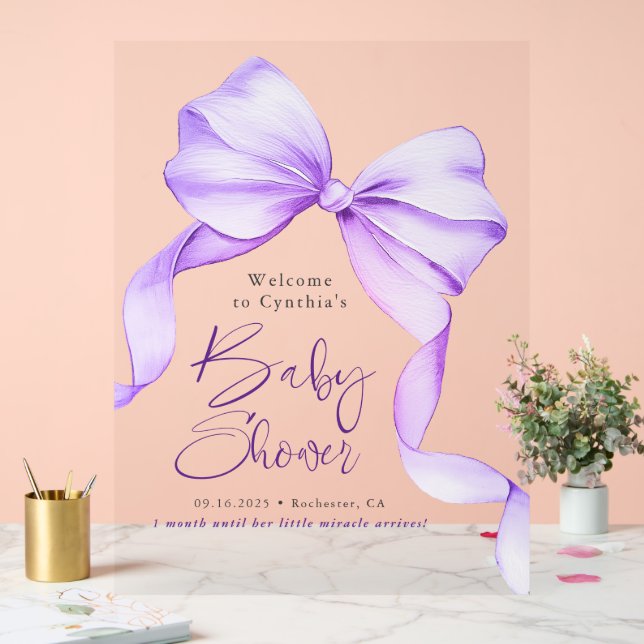 Señal Acrílica Bienvenida Baby Shower de la cinta morada (Boda)