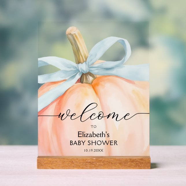 Señal Acrílica Bienvenida Baby Shower de la pequeña calabaza azul (Neutral )