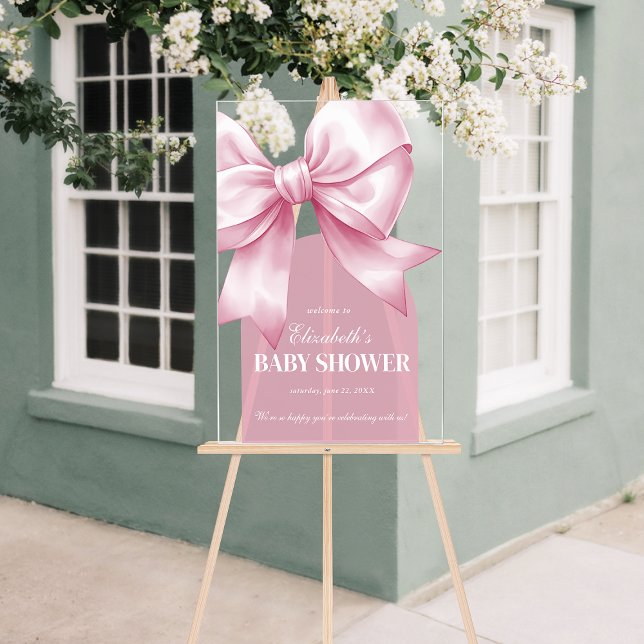 Señal Acrílica Bienvenida Bebé Niña Lazo Rosa Elegante Invitación (Pink Bow Baby Girl Elegant Baby Shower Welcome Acrylic Sign)