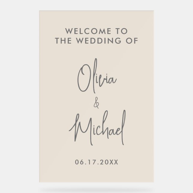 Señal Acrílica Bienvenida Boda Champange Moderno y Simple (Anverso)