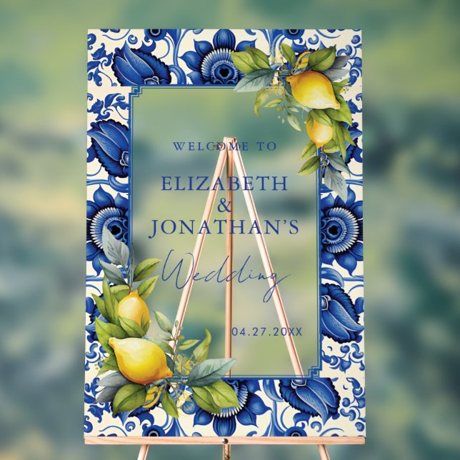 Señal Acrílica Bienvenida Boda de Blue Tiles Amarillos Lemons (Neutral )
