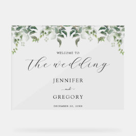Señal Acrílica Bienvenida Boda de color de agua botánica verde