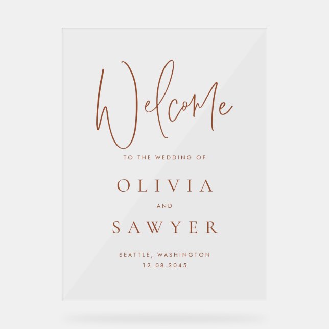 Señal Acrílica Bienvenida Boda de escritura a mano de Terracotta (Anverso)