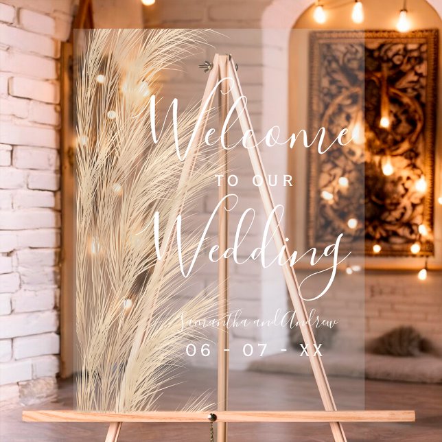 Señal Acrílica Bienvenida boda de pampas de verano hierba acuátic (Summer pampas grass watercolor wedding welcome acrylic sign)