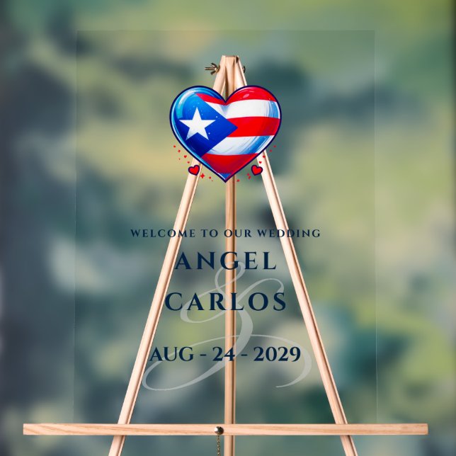 Señal Acrílica Bienvenida Boda de Pareja Corazón de Puerto Rico (Neutral )
