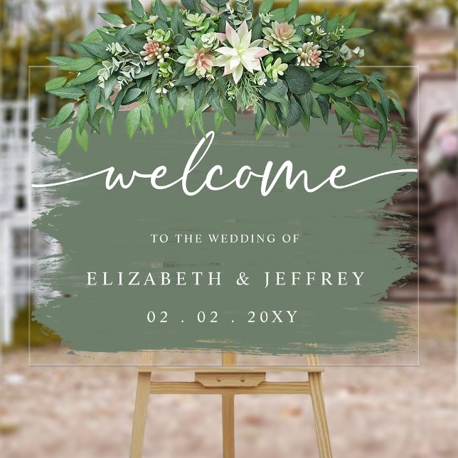 Señal Acrílica Bienvenida Boda del cepillo de salvia moderno (Modern Sage Brush Strokes Wedding Welcome Acrylic Sign)