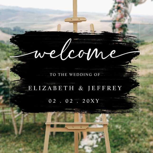 Señal Acrílica Bienvenida Boda del cepillo negro moderno (Modern Black Brush Strokes Wedding Welcome Acrylic Sign)