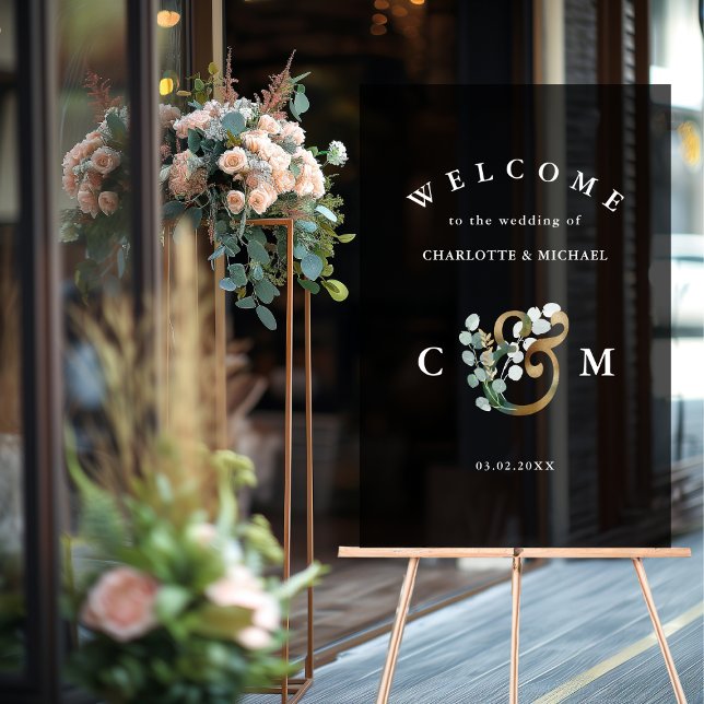Señal Acrílica Bienvenida boda del Monograma Eucalyptus verde (Monogram Eucalyptus greenery gold wedding welcome Acrylic Sign)