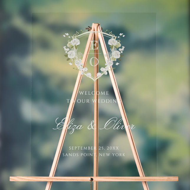 Señal Acrílica Bienvenida Boda del Monograma Verde Floral Blanco (Neutral )