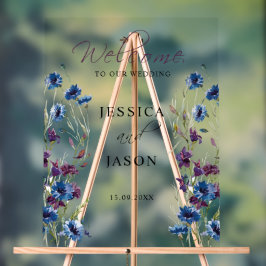 Señal Acrílica Bienvenida Boda Dusty Royal Blue Purple Bloom