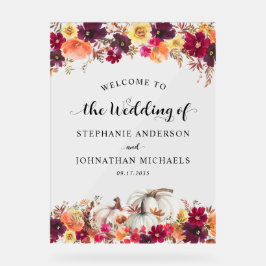 Señal Acrílica Bienvenida Boda elegante de calabaza floral otoño