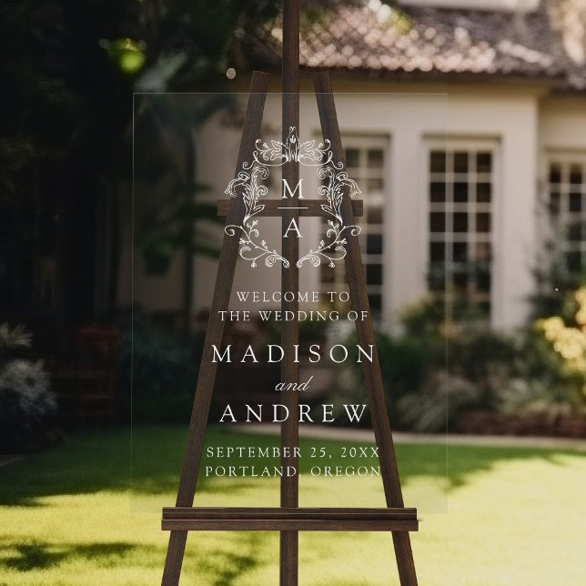 Señal Acrílica Bienvenida Boda elegante Escudo blanco Monograma (Subido por el creador)