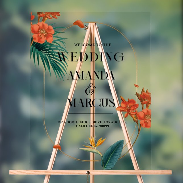 Señal Acrílica Bienvenida Boda Fancy Tropical Flowers (Neutral )