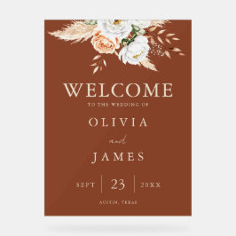 Señal Acrílica Bienvenida Boda Floral de Terracotta Naranja quema